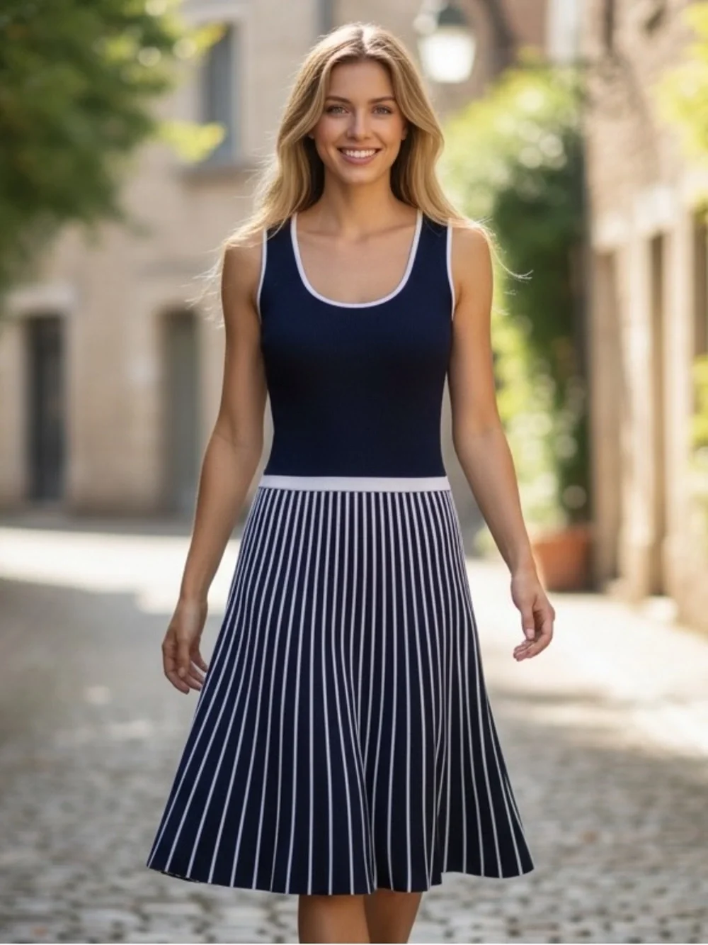 Banana Republic Classic Navy and White Striped Knit Fit & Flare Dress Size XS
